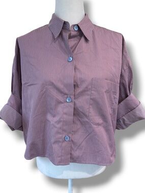 TWP Next Ex Cotton Button Down Cropped Striped Rust Blue Top Sz M/L